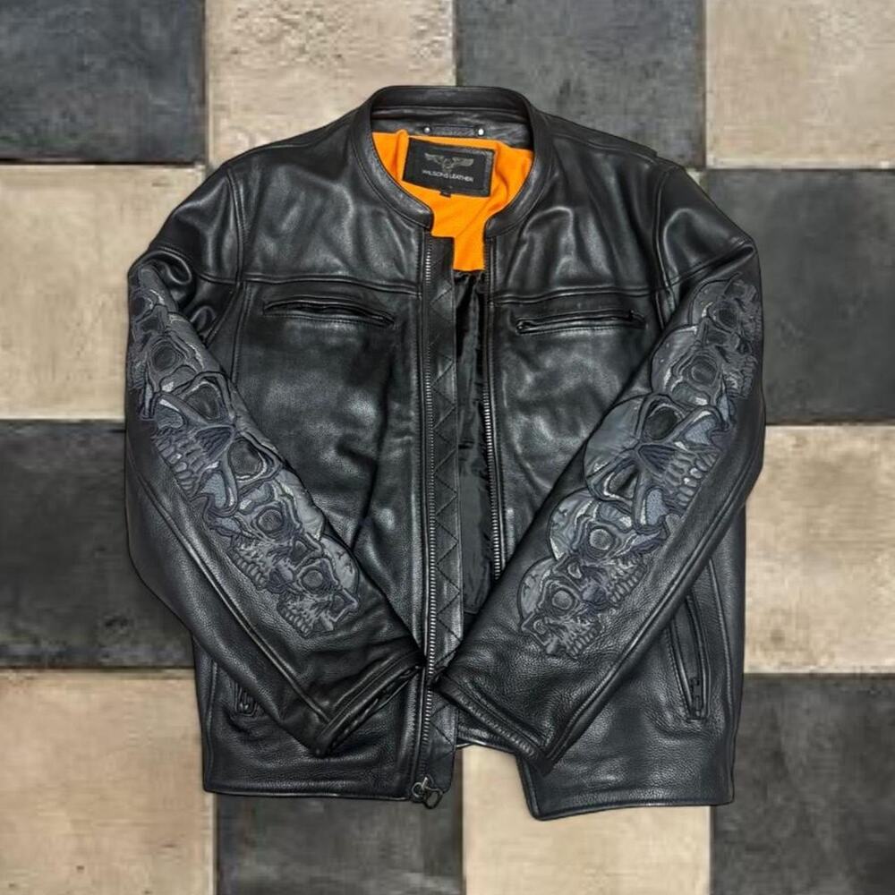 Wilson Mens Leather 3M Thinsulate Isolant Embroidered Skulls Jacket Large Black